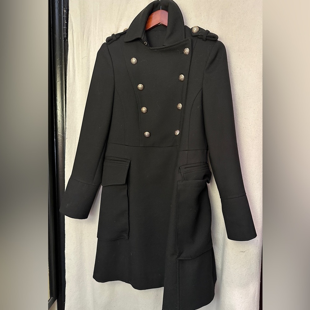Black wool Double-Breasted Coat with Gold Buttons